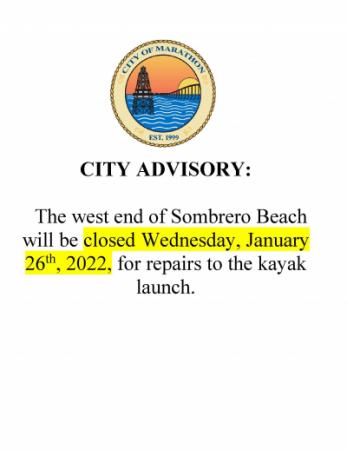City of Marathon Advisory  Sombrero Beach Closure January 26, 2022