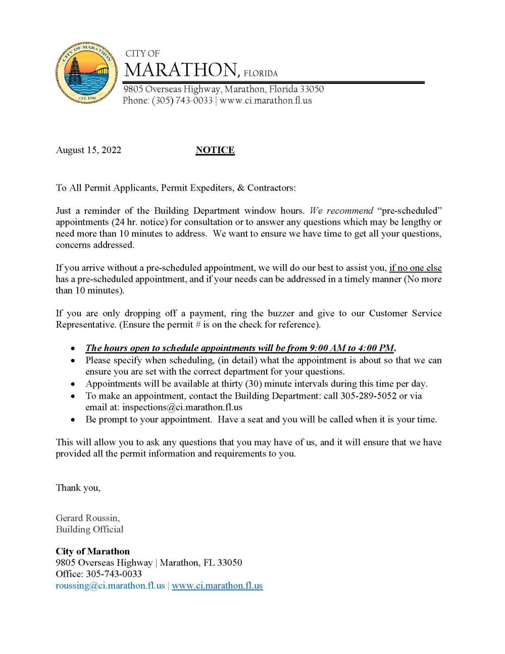 Building Department Scheduling Hours Marathon, Florida
