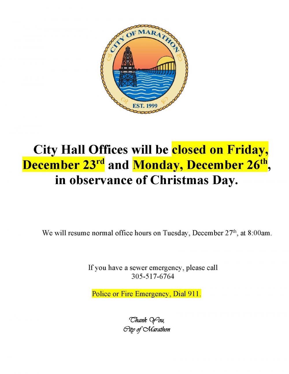 Christmas Holiday Schedule Marathon, Florida