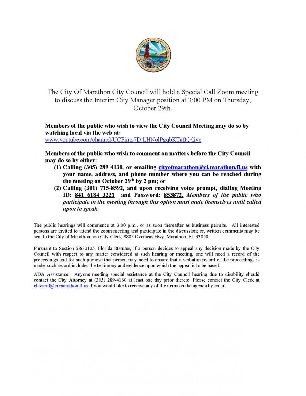 Special Call Zoom Meeting: Interim City Manager Position | Marathon, Florida