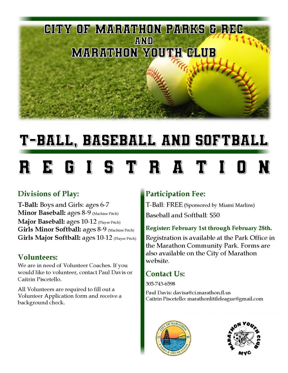 TBall, Baseball & Softball Registration Marathon, Florida